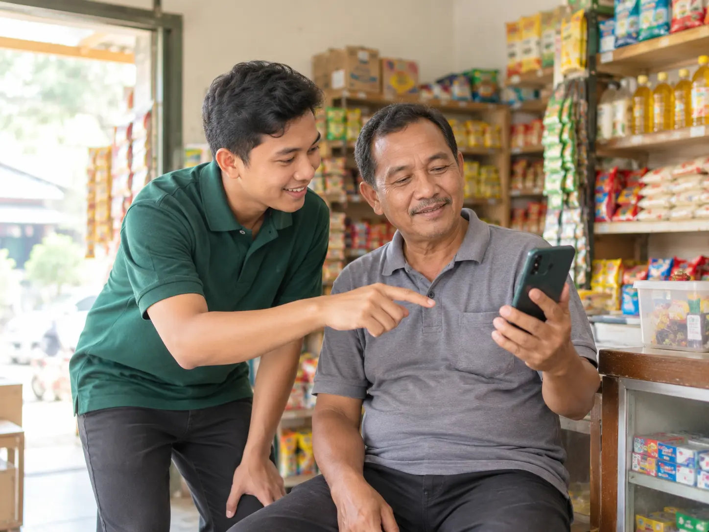 Karyawan muda membantu rekan senior memakai HP