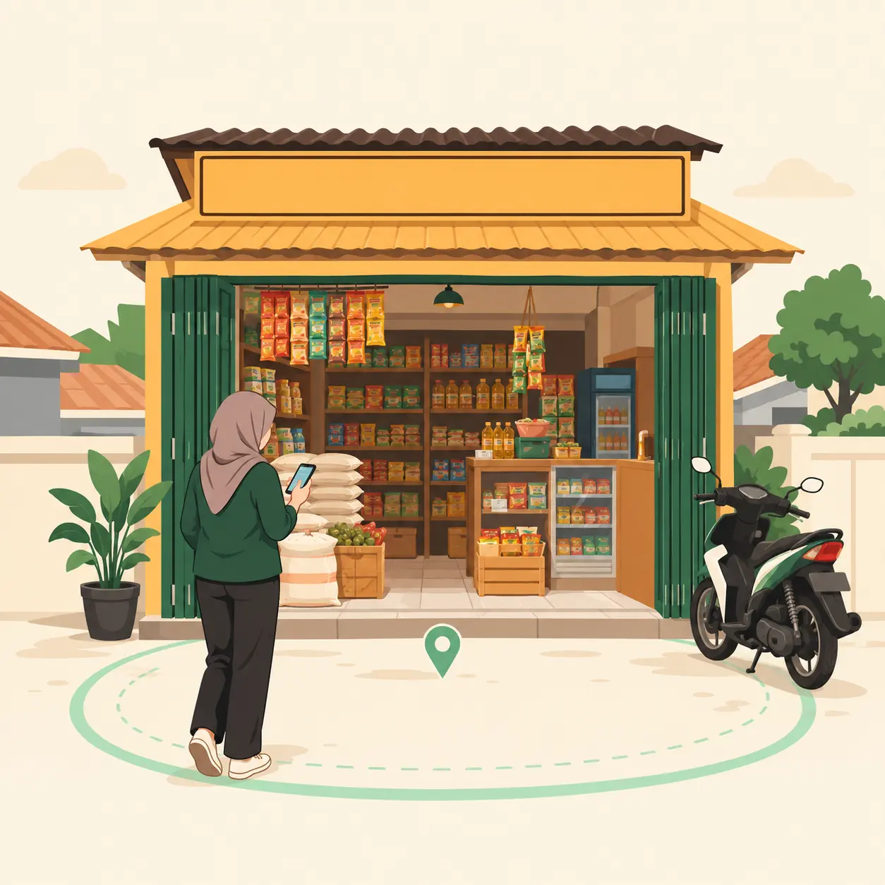 Ilustrasi karyawan tiba di depan toko, di dalam lingkaran area absen
